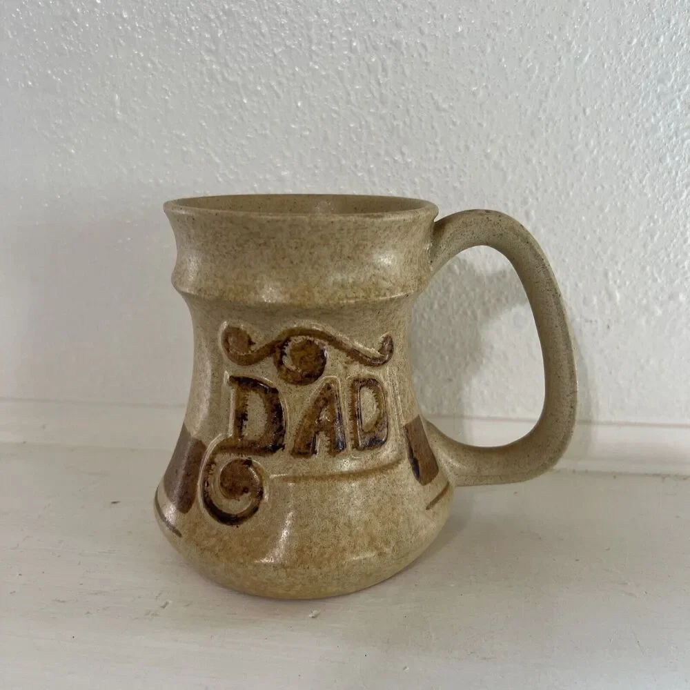 Pottery Craft DAD Stoneware Mug Textured Brown & Tan Bauhaus c. Late 1960s USA